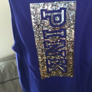 PINK muscle tank. Dark blue.